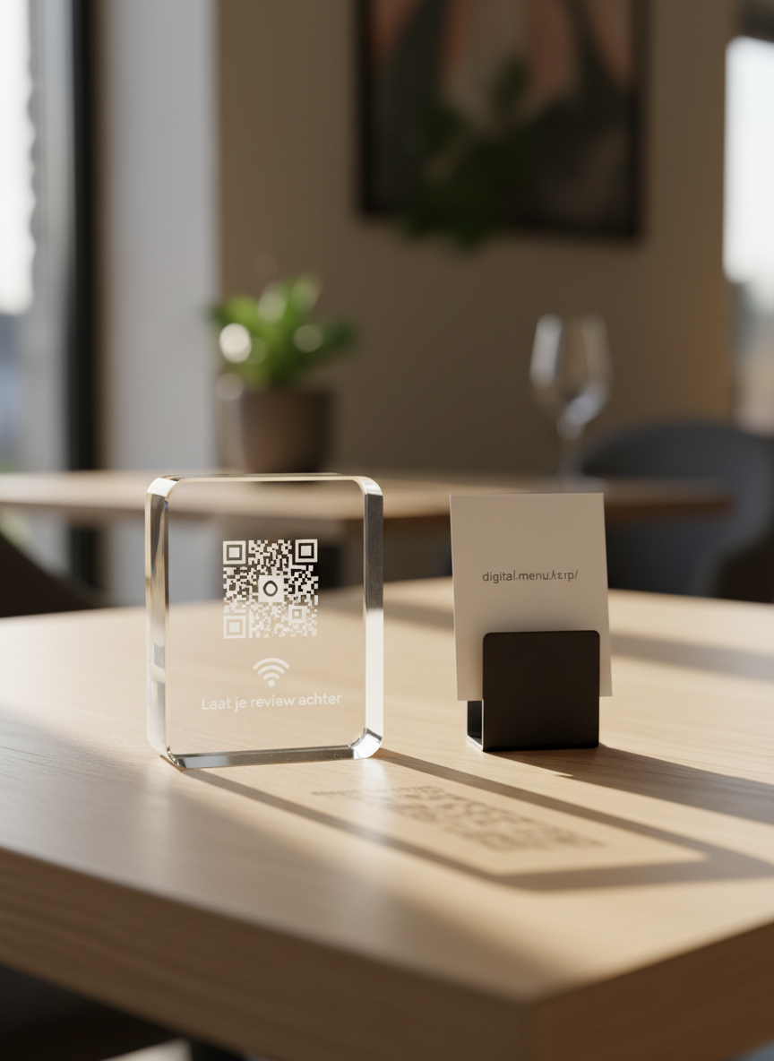 A close-up, photographic realistic view of a compact NFC review stand designed for horeca tafels: a small, high-quality transparent acrylic block with a printed QR-code, NFC icon, and short Dutch call-to-action text like ‘Laat je review achter’. It stands on a smooth, light oak table alongside a minimalistic black card holder showing a digital menu URL. Afternoon natural light streams in from a nearby window, creating soft reflections in the acrylic edges and gentle shadows that emphasize the precision of the engraved details. Shot from a low, slightly angled perspective using shallow depth of field, the NFC stand is razor-sharp while the background becomes a creamy bokeh hinting at a refined, modern restaurant interior, communicating innovation and trust.