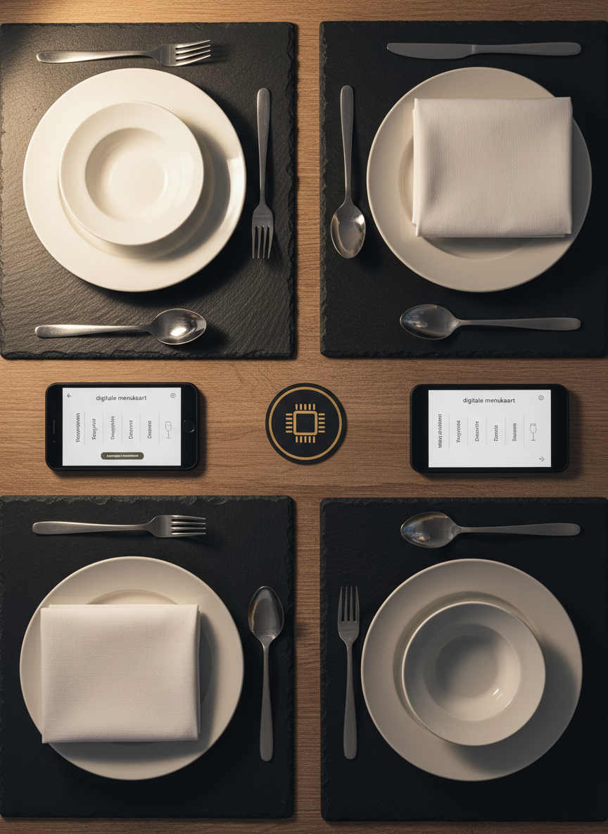 An overhead, photographic realistic shot of a square restaurant table for two, elegantly set with white porcelain plates, brushed stainless steel cutlery, and dark slate placemats, each place featuring a slim digital menu device: one a smartphone, the other a small dedicated menu display. Both show a clean, well-structured Dutch digitale menukaart with category icons and allergenen-informatie. A small NFC coaster with a subtle chip symbol lies between them. Soft, diffused evening lighting from a nearby wall lamp creates a calm, warm glow, with gentle shadows outlining each object. The composition uses a balanced top-down layout emphasizing clarity, organization, and digital efficiency, perfectly capturing horeca digitalisering and customer-friendly innovation.