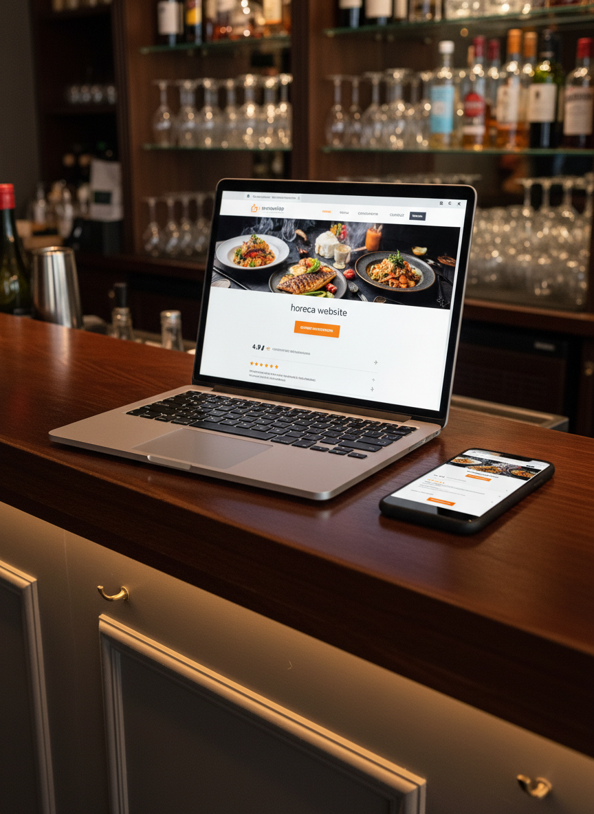 A polished wooden bar counter in a stylish brasserie, with a large open laptop displaying a newly designed, responsive horeca website home page in a clean Dutch layout: bold hero image of dishes, clear navigatie, online reserveren button, and prominent review scores. Next to it, a modern smartphone lies flat, mirroring the same website in mobile view. Warm indirect lighting from hidden LED strips under the bar illuminates brushed metal details and the keyboard, casting soft, elongated shadows. Photographic realism, captured from a slightly elevated three-quarter angle, with sharp focus on the screens and a subtly blurred background of neatly arranged glassware and bottles, conveying digital professionalisering and reliability for horeca businesses.